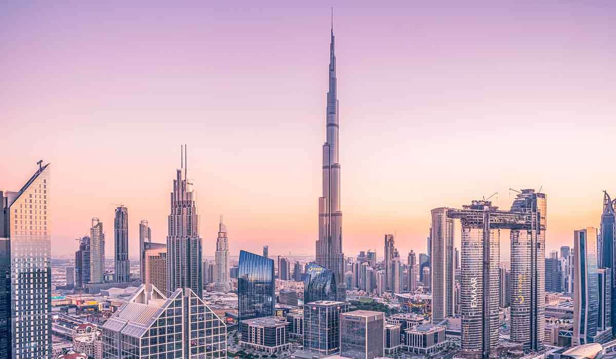 The Burj Khalifa piercing the Dubai skyline.